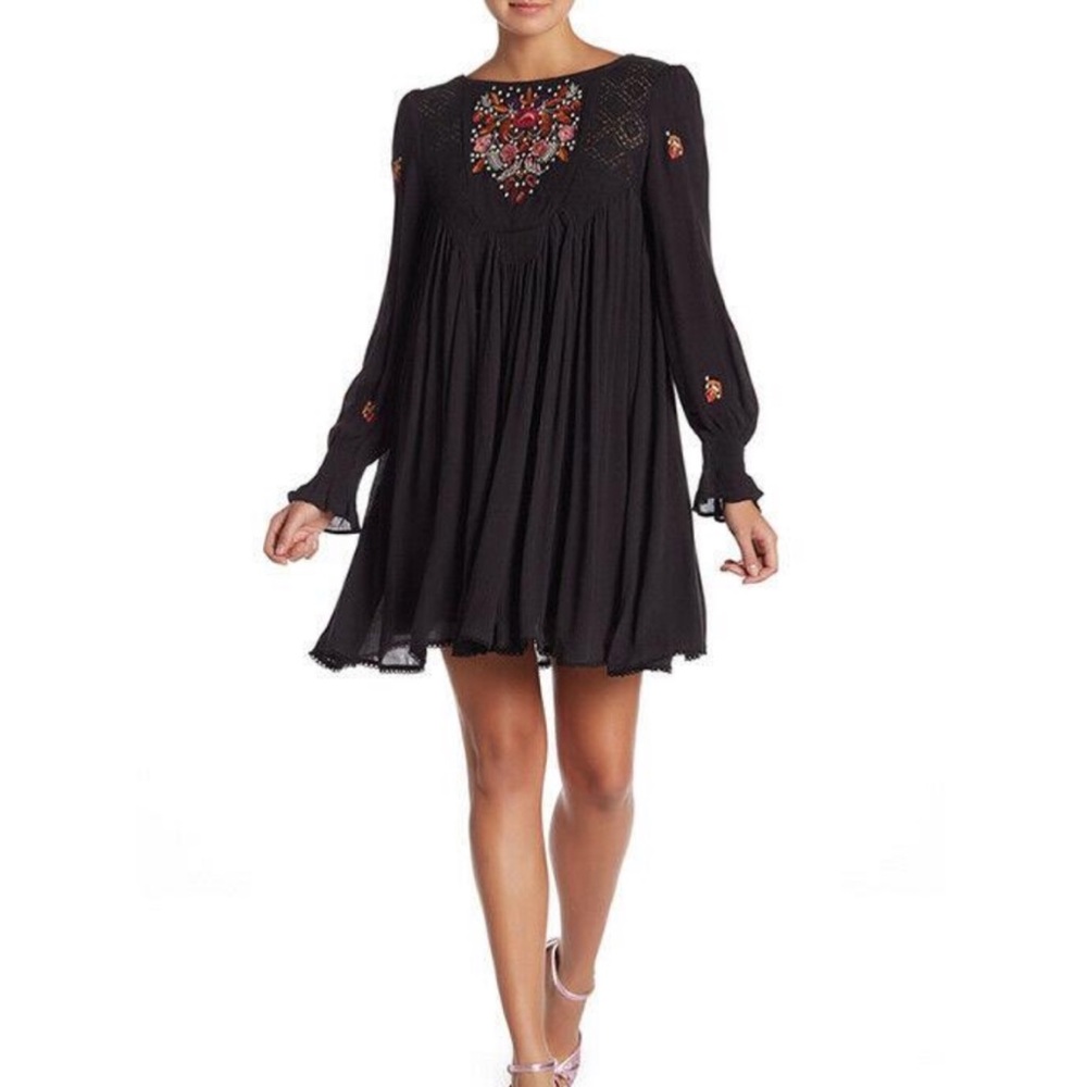 Free People Mohave Embroidered Black Mini Dress Small